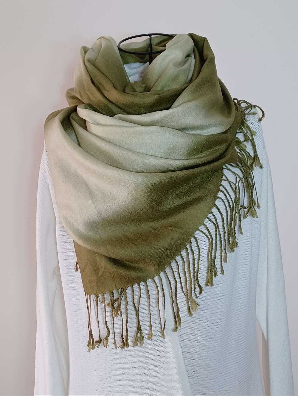 Luxury Olive Green Ombre Cashmere &  Silk Scarf Wrap 70'×53'